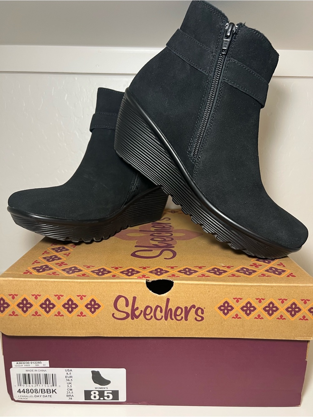 Skechers Black Suede Wedge Ankle Boots with Side Zip